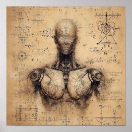 Poster Um humanoide sobreposto a uma folha de dados