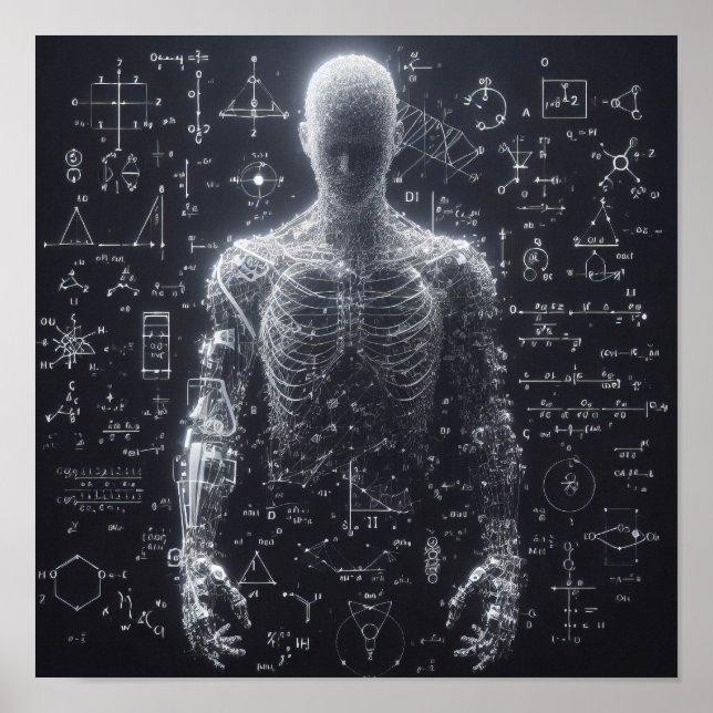 Poster Um humanoide sobreposto a uma folha de dados (Frente)