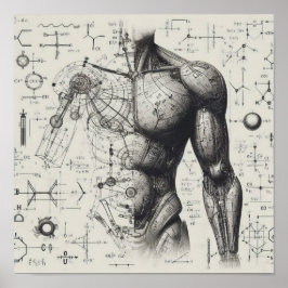 Poster Um humanoide sobreposto a uma folha de dados