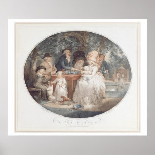 Póster Um jardim de chá, gravura de stipple da cor após