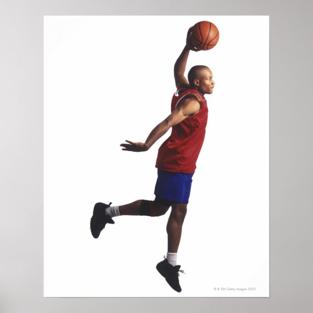 Póster um jovem jogador de basquetebol adulto voa (Frente)