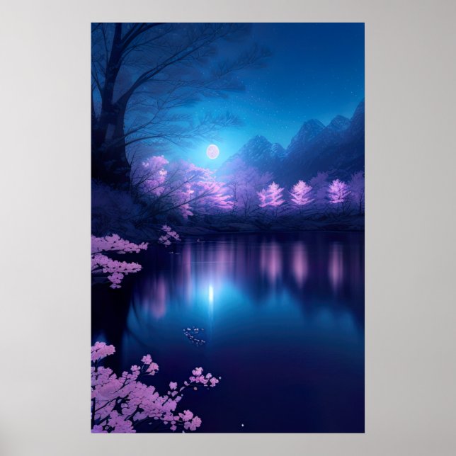 Poster Um lago de flores de cereja à noite (Frente)