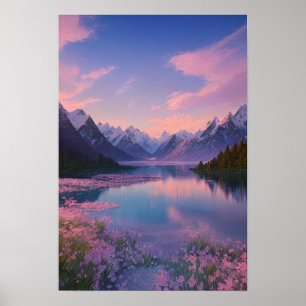 Poster Um lago de montanha e um céu de rosa