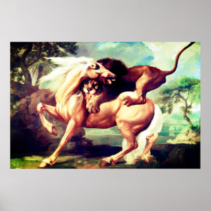 Poster Um Leão Atacando Uma Pintura De Cavalo