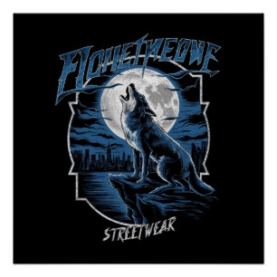 Póster Um lobo solitário, uivando na lua de cheio em uma