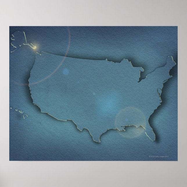 Póster Um mapa azul simples dos EUA mostrando o Alasca e (Frente)