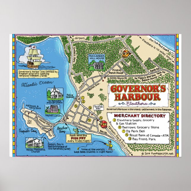 Poster Um mapa de cartoon de Porto Governador, Bahamas (Frente)