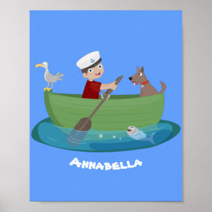 Poster Um marinheiro e um cartoon de barco a remos de um 