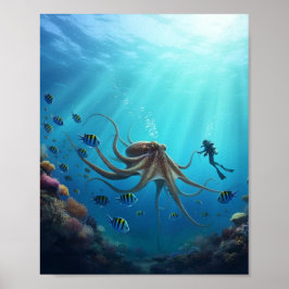 Poster Um mergulhador avista uma criatura marinha gigante