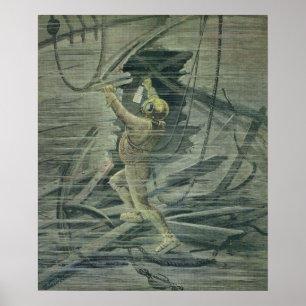 Póster Um mergulhador do mar profundo que olha as