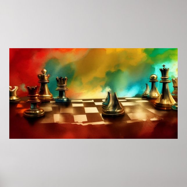 Poster Um moderno abstrato vermelho de chessboard de ouro (Frente)