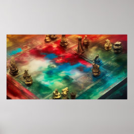 Poster Um moderno abstrato vermelho de chessboard de ouro