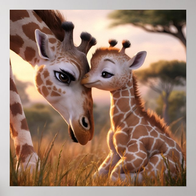 Poster Um Momento de Girafa Terna: Mãe e Bebê se Abraçam (Frente)