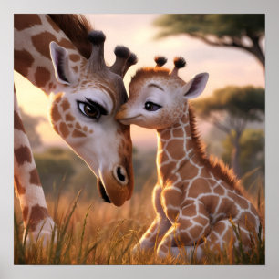 Poster Um Momento Ternura de Girafa: Mãe e Bebê se Abraça