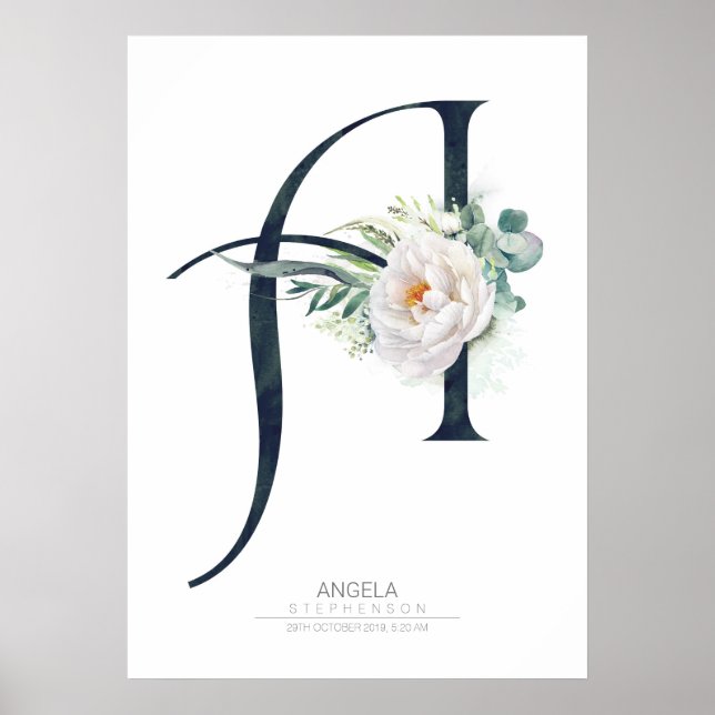 Poster Um Monograma de Letra Flores Brancas e Folhagem (Frente)