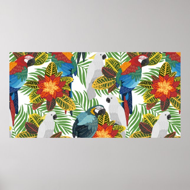 Poster Um padrão tropical perfeito com papagaios. (Frente)