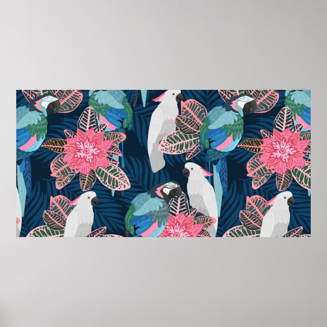 Poster Um padrão tropical perfeito com papagaios. Vintage (Frente)