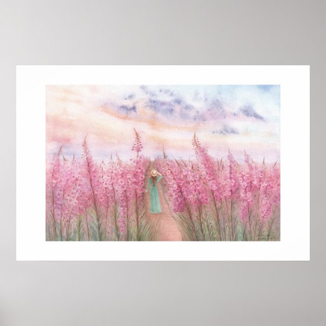 Poster Um Passeio em um Campo de Flores Rosa (Frente)