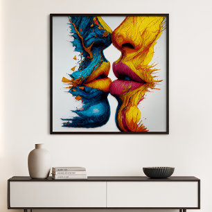 Póster Um Passo de Respiro Rostos Abstratos Azuis Amarelo