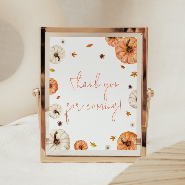 Poster Um pequeno Chá de fraldas de abóbora Obrigado por  (Fall Pumpkin Baby Shower Thank you for Coming Sign)