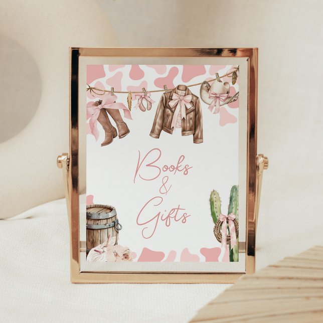 Poster Um pequeno Chá de fraldas de vaquinha e presentes (A Little Cowgirl Clothesline Baby Shower Books and Gifts Sign)