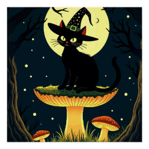Póster Um Pequeno Gato Bruxo Preto Sentado Em Um Cogumelo