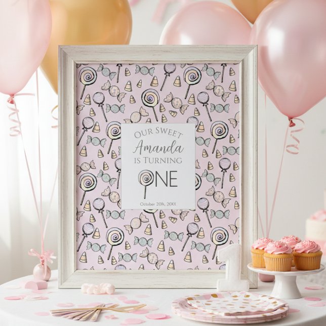 Poster Um Pequeno Tema Doce, Primeiro Aniversário (Cute Pink Little One 1st Birthday Party Posters for Kids. Girly Candy & Lollipops Pattern for Her)