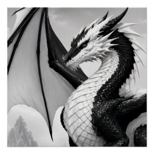 Póster Um poderoso design de dragão preto e branco aprese