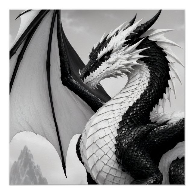 Póster Um poderoso design de dragão preto e branco aprese (Frente)