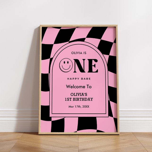 Poster Um primeiro aniversario Feliz de Bebê Bem-Vindo (One Happy Babe Happy Face 1st Birthday Welcome Sign )