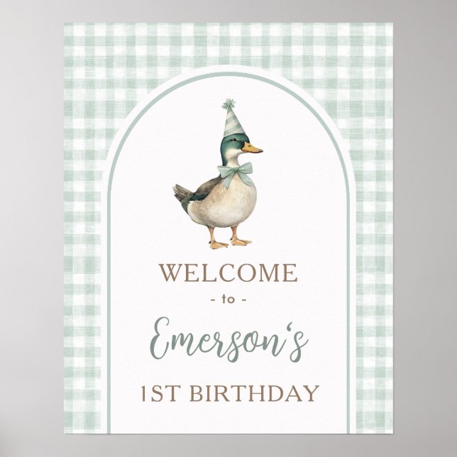Poster Um primeiro aniversario Lucky Duck Green Gingham (Frente)