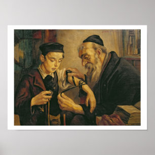 Poster Um rabino que amarra os Phylacteries ao braço de