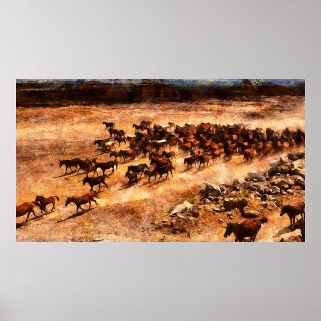 Poster Um rebanho de cavalos selvagens correndo. Trabalho (Frente)