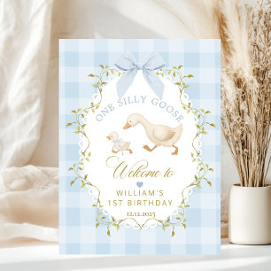Poster Um Silly Goose Azul Gingham Bem-vindo Aniversário