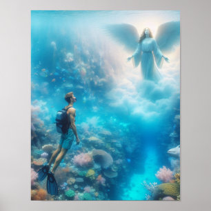 Poster Um snorkeler maravilhado ao ver um anjo em um reci