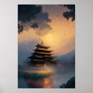 Poster Um Templo Japonês na Luz da Noite