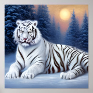 Poster Um tigre branco sentado na neve