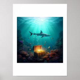 Poster Um tubarão de recife guardando um tesouro