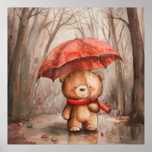 Poster Um Urso de Pelúcia Fofo na Chuva