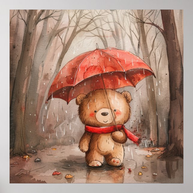 Poster Um Urso de Pelúcia Fofo na Chuva (Frente)