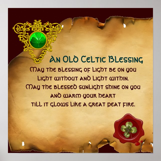 Póster Um velho apergamento irlandês de bênção com coraçã (Frente)
