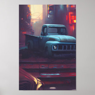Poster Um velho caminhão abandonado na cidade de Cyberpun