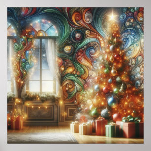 Poster Uma árvore de Natal em estilo retrô com presentes 