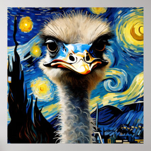 Poster uma avestruz adorável num cartão postal noturno es
