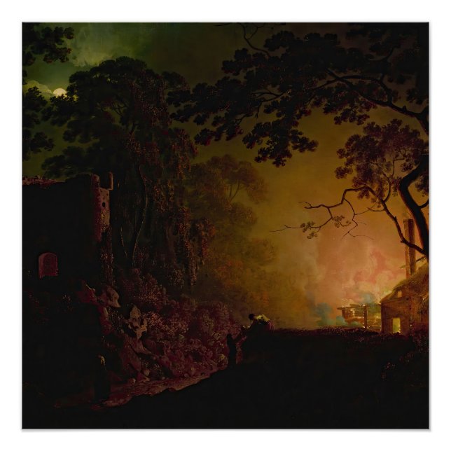 Póster Uma cabana em chamas à noite Joseph Wright de Derb (Frente)