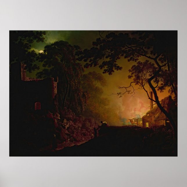 Poster Uma cabana em chamas à noite Joseph Wright de Derb (Frente)