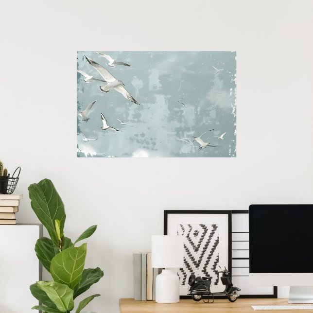 Poster Uma Colagem de Fundo de Pássaros Costeiros Oceano  (Escritório em casa)