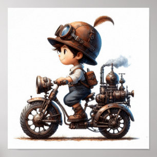 Poster Uma criança feliz dirigindo uma moto Steampunk