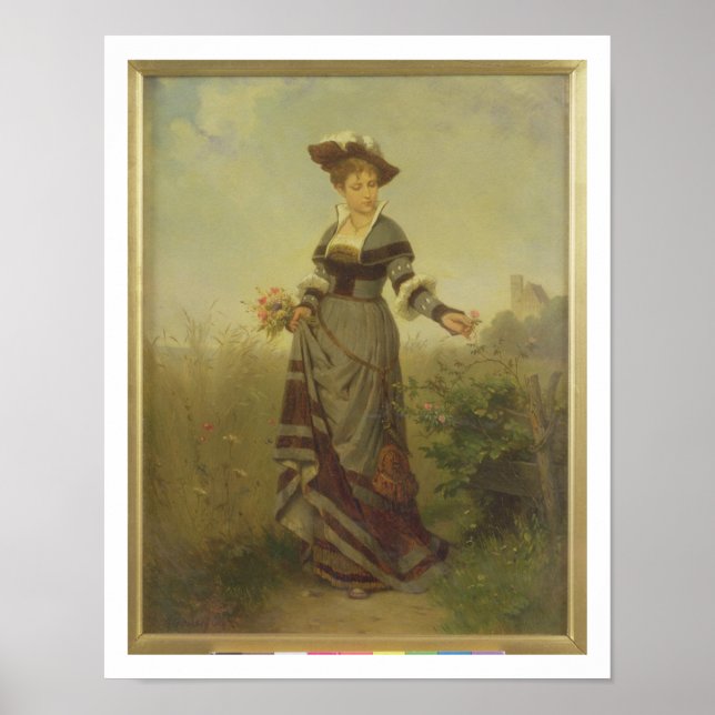 Poster Uma dama colhendo flores em uma paisagem (painel) (Frente)