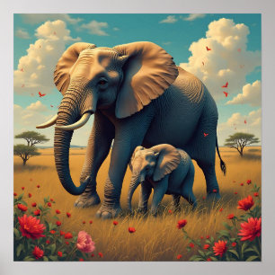Poster Uma doce mãe sentimental e elefante bebê